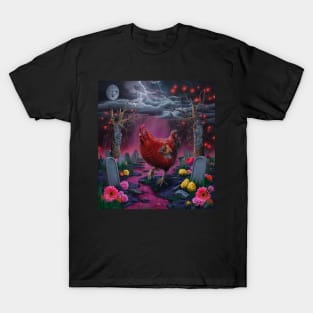 AI generated red striped chicken in graveyard T-Shirt